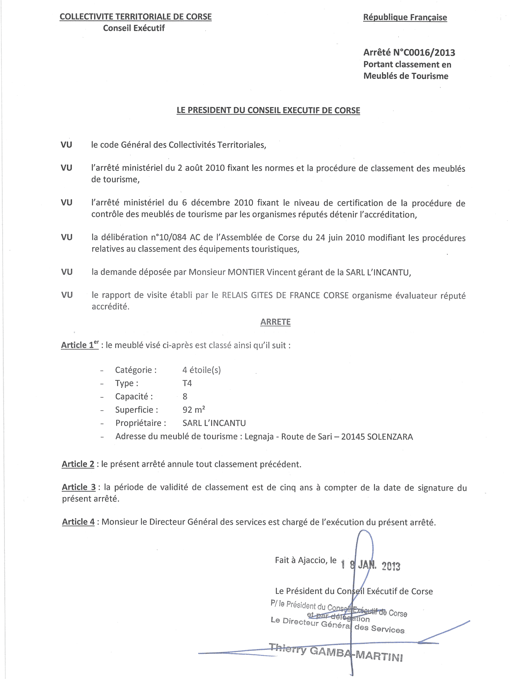 Arrété Ministèriel de classement des villas à louer en Corse